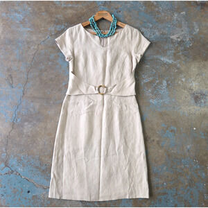 Vintage Linen Midi Dress Size 8 Natural Cap Sleeve Bigio Classic Minimalist